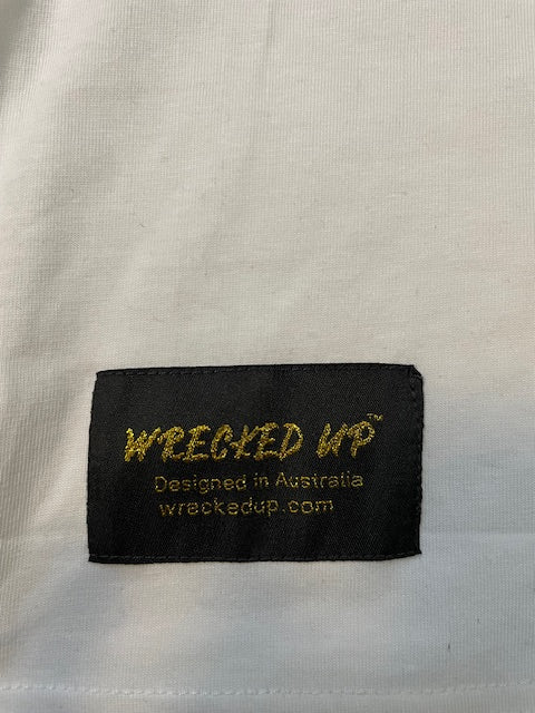 Wrecked up Green Large letters stitched embroidery on White short sleeve t-shirt 100% Cotton none stretch