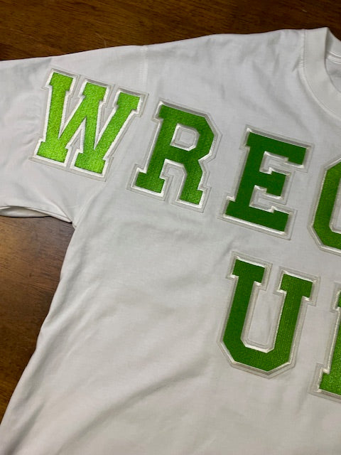 Wrecked up Green Large letters stitched embroidery on White short sleeve t-shirt 100% Cotton none stretch