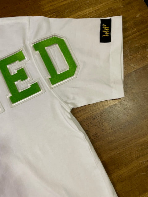 Wrecked up Green Large letters stitched embroidery on White short sleeve t-shirt 100% Cotton none stretch