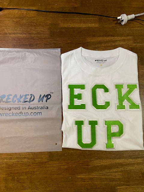 Wrecked up Green Large letters stitched embroidery on White short sleeve t-shirt 100% Cotton none stretch