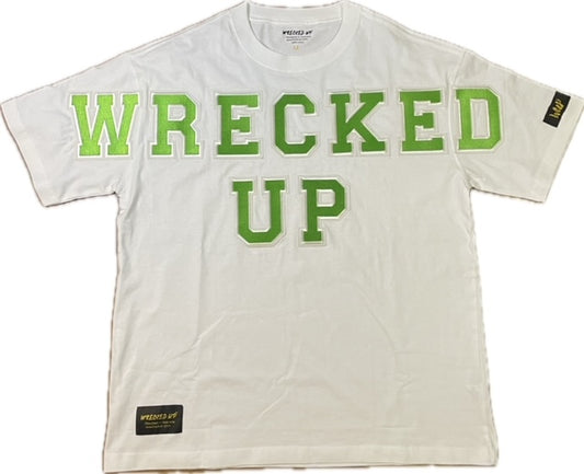 Wrecked up Green Large letters stitched embroidery on White short sleeve t-shirt 100% Cotton none stretch