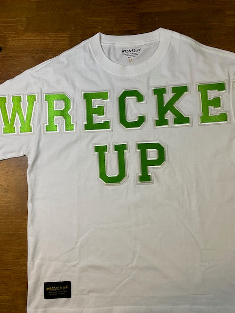 Wrecked up Green Large letters stitched embroidery on White short sleeve t-shirt 100% Cotton none stretch