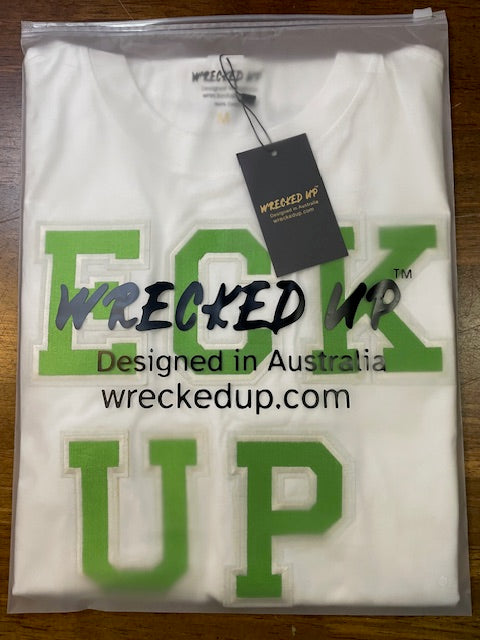 Wrecked up Green Large letters stitched embroidery on White short sleeve t-shirt 100% Cotton none stretch