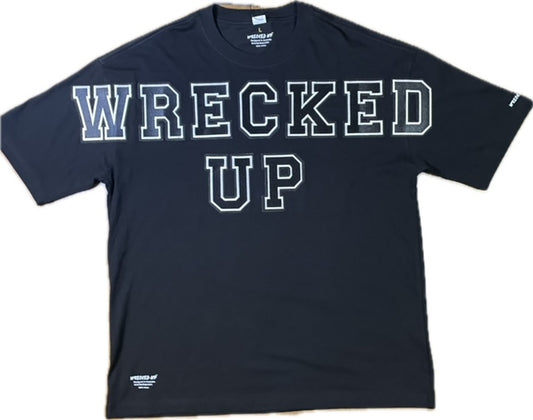 Wrecked up Black Large letters stitched embroidery on Black short sleeve t-shirt 100% Cotton none stretch