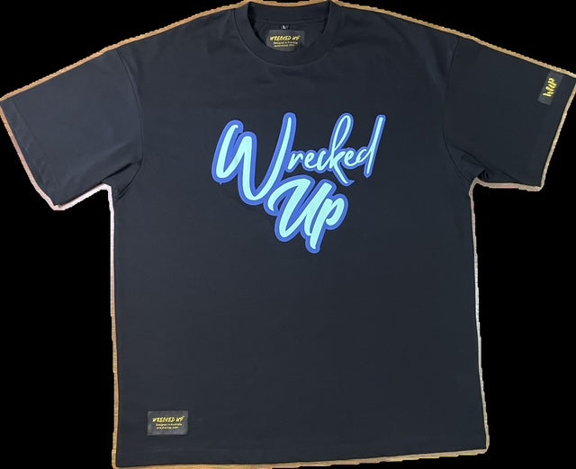 Wrecked Up puff print Blue on black T-shirt 280grm heavy cotton