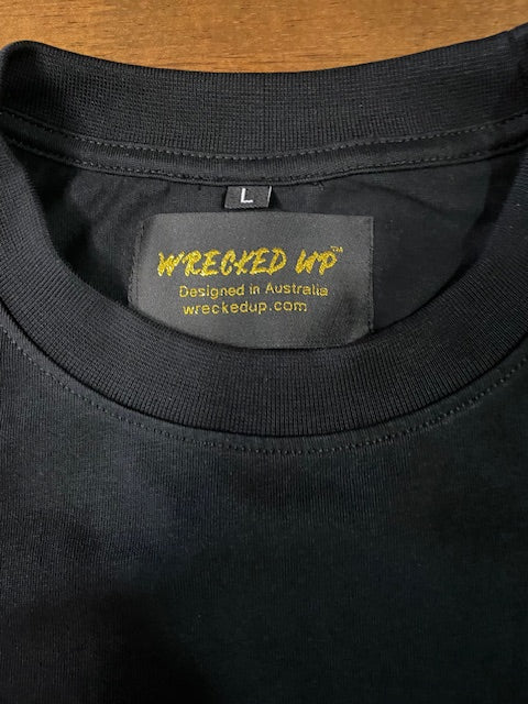 Wrecked Up puff print Blue on black T-shirt 280grm heavy cotton