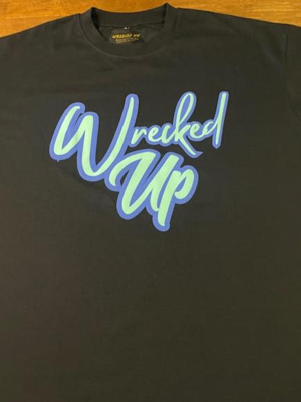 Wrecked Up puff print Blue on black T-shirt 280grm heavy cotton