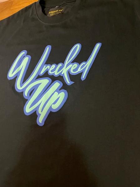 Wrecked Up puff print Blue on black T-shirt 280grm heavy cotton