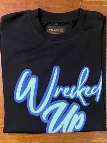 Wrecked Up puff print Blue on black T-shirt 280grm heavy cotton