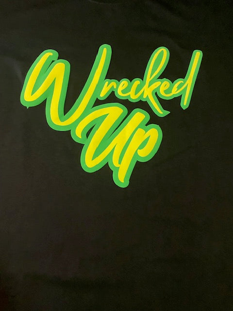 Wrecked Up puff print Green  on black T-shirt 280grm heavy cotton