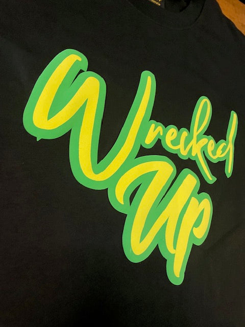 Wrecked Up puff print Green  on black T-shirt 280grm heavy cotton