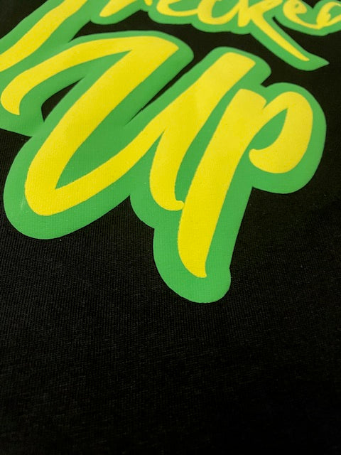 Wrecked Up puff print Green  on black T-shirt 280grm heavy cotton