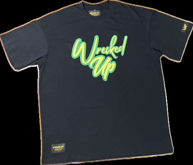 Wrecked Up puff print Green  on black T-shirt 280grm heavy cotton