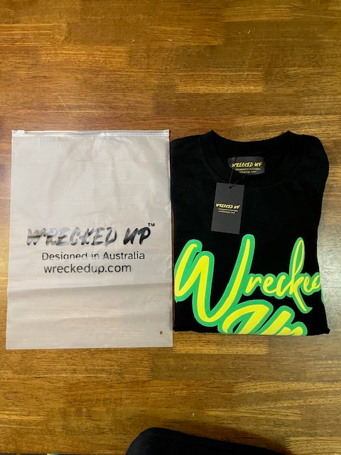 Wrecked Up puff print Green  on black T-shirt 280grm heavy cotton