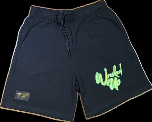 Shorts Wrecked Up puff print 85% cotton 15% Polyester, Dark green outline with light green inside, Longer fit baggy style.