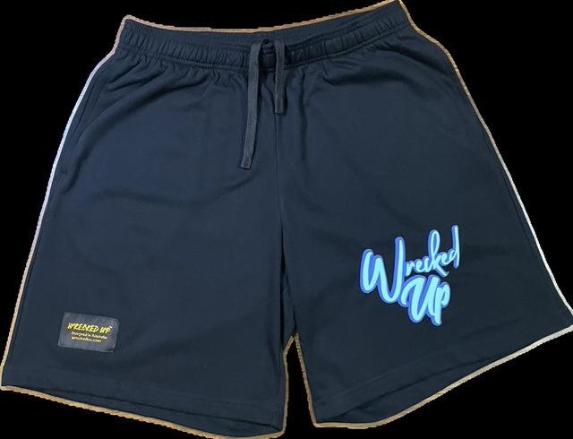 Shorts Wrecked Up puff print 85% cotton 15% Polyester,  Dark Blue outline with light blue inside, Longer fit baggy style.