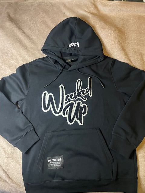 Hoodie Black with stitched carpet black and white wrecked up logo