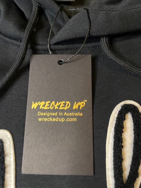 Hoodie Black with stitched carpet black and white wrecked up logo