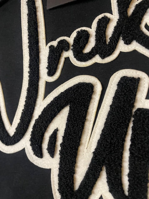 Hoodie Black with stitched carpet black and white wrecked up logo