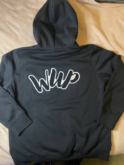Hoodie Black with stitched carpet black and white wrecked up logo