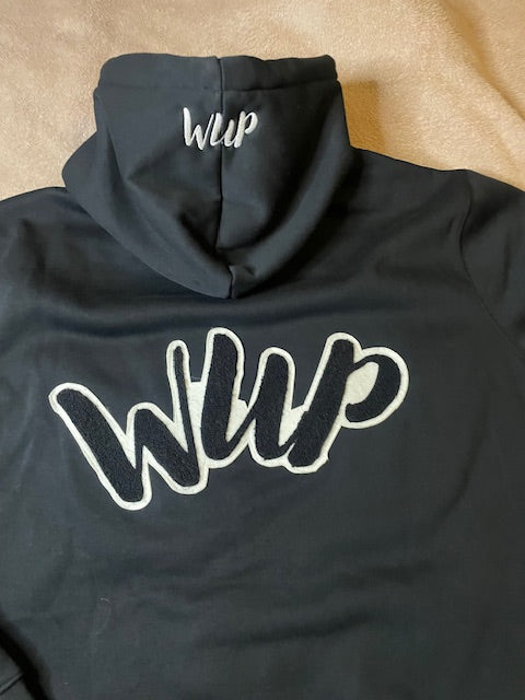 Hoodie Black with stitched carpet black and white wrecked up logo
