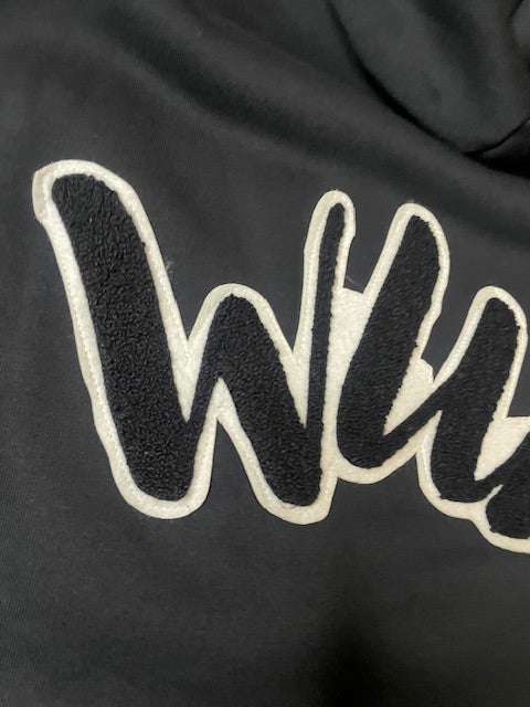 Hoodie Black with stitched carpet black and white wrecked up logo
