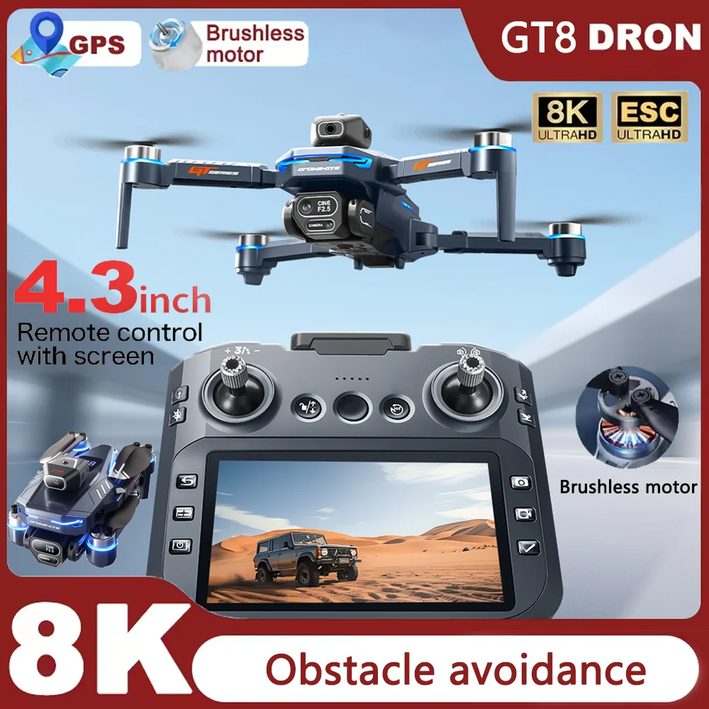 GT8 Foldable GPS RC Drone 8K HD ESC Camera Brushless Motor Obstacle Avoidance 4.3" Screen Controller FPV Quadcopter Aerial Drone