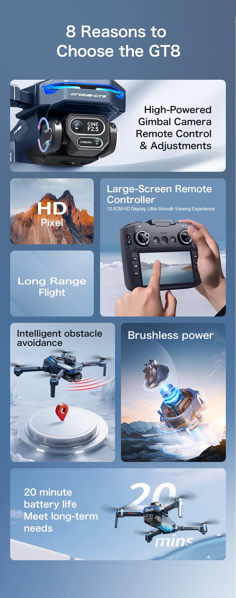 GT8 Foldable GPS RC Drone 8K HD ESC Camera Brushless Motor Obstacle Avoidance 4.3" Screen Controller FPV Quadcopter Aerial Drone